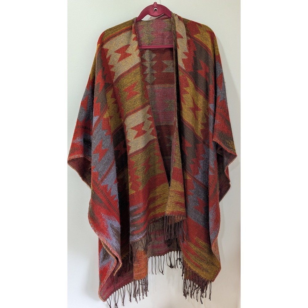 Zara Man Southwestern Geometric Print Poncho Wrap Fringe Earth Tones Size M